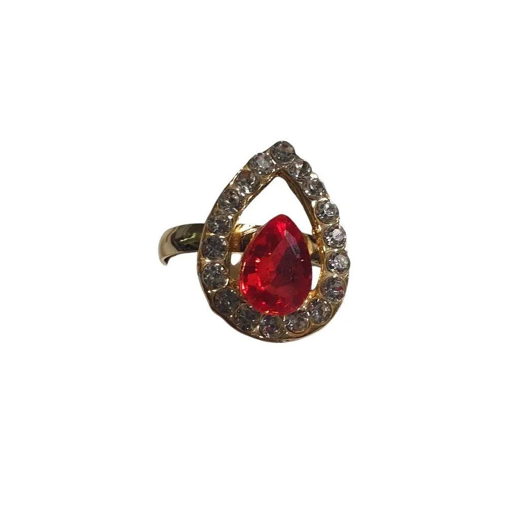 Gold Tone Open Adjustable Ring Red Gemstone Crystal Accents Tear Drop Mom Gift - Picture 5 of 5